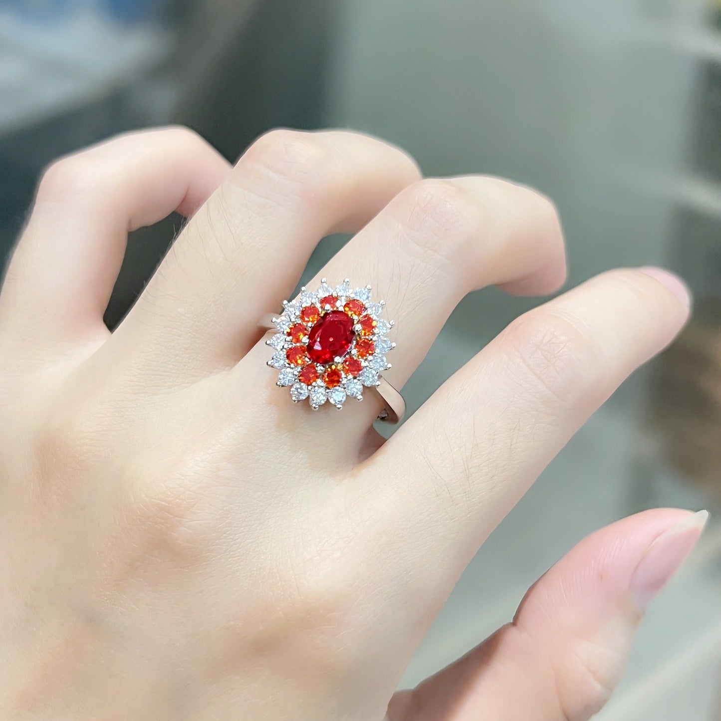 Round Arm Red Diamond Sunflower Inlaid Zircon Rings