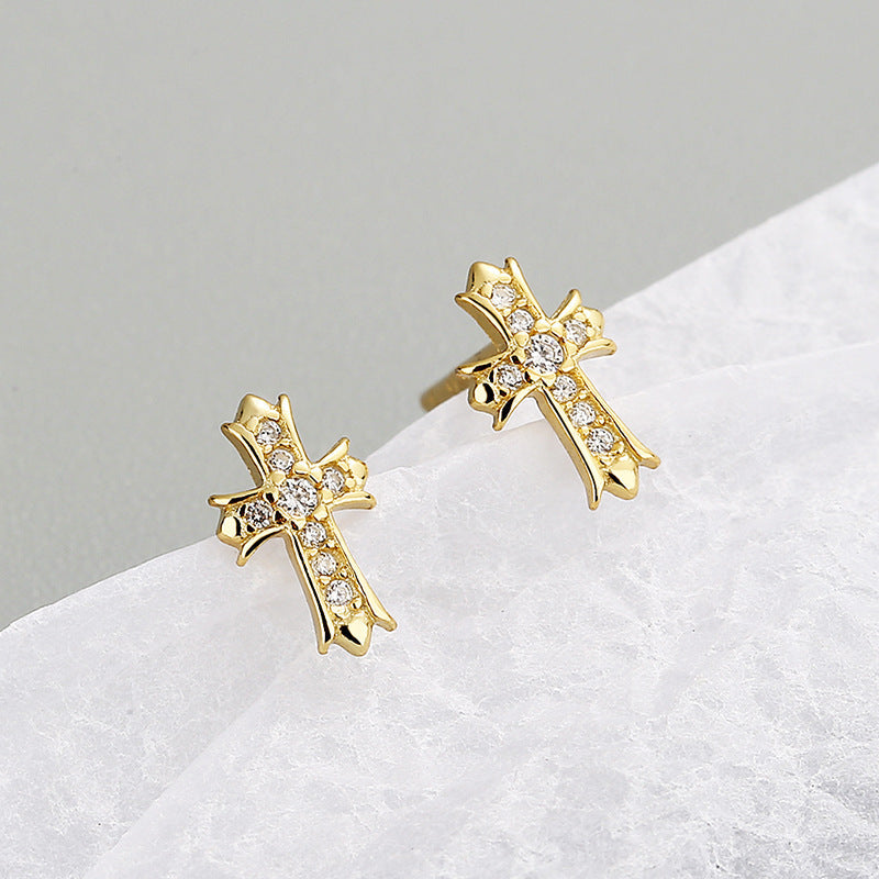 Sier Cross Diamond Zircon Mini Fashionable Simple Earrings