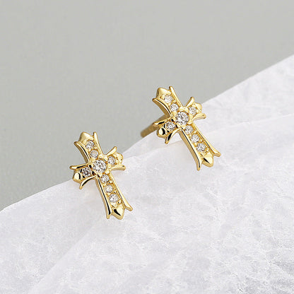 Sier Cross Diamond Zircon Mini Fashionable Simple Earrings