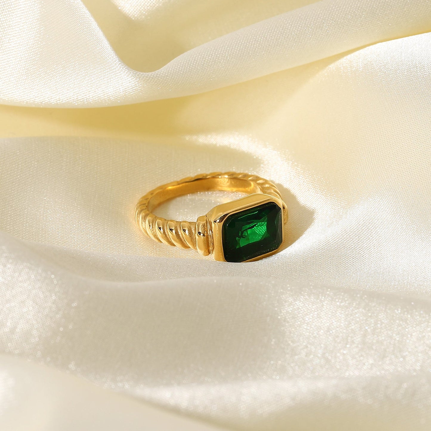 Women's Stainless Steel Rectangular Emerald Pink Zircon Rings