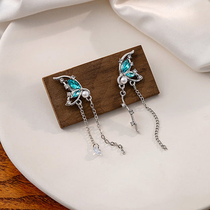 Style Butterfly Pearl Asymmetric Design Long Tassel Earrings