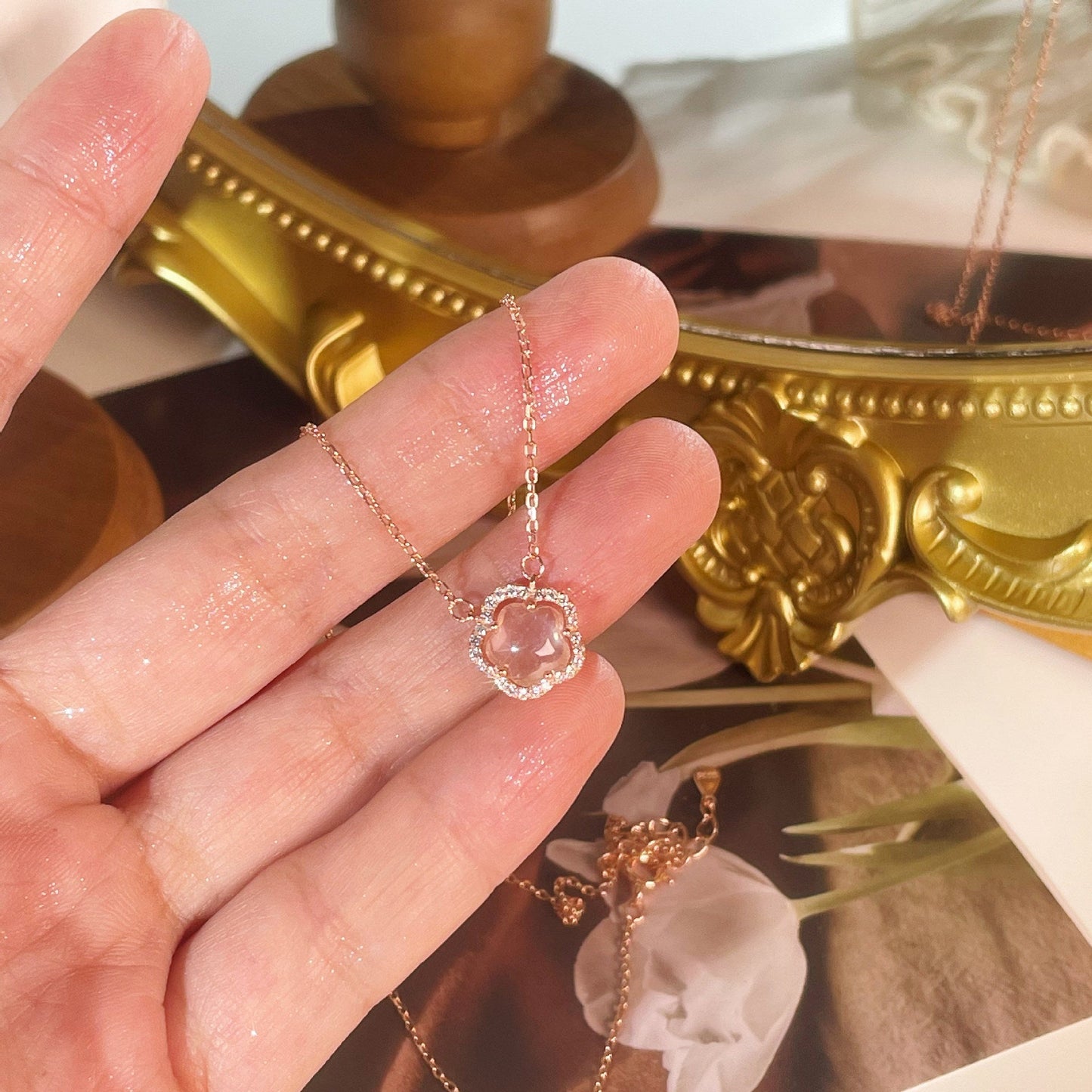 Fresh Sweet Girlish Style Sterling Sier Pink Crystal Necklaces