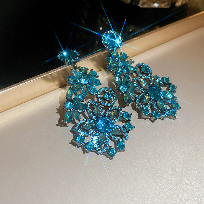 Blue Diamond Flower Exaggerated Design Vintage Earrings