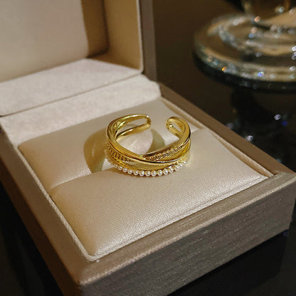 Pearl Zircon With Diamond Open Adjustable Rings