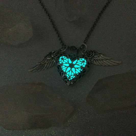 Heart-shaped Luminous Lock With Rose Wings Necklaces