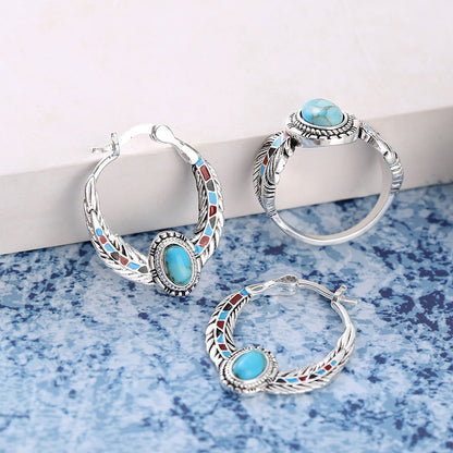 Luxury Inlaid Turquoise Eagle Feather Party Earrings