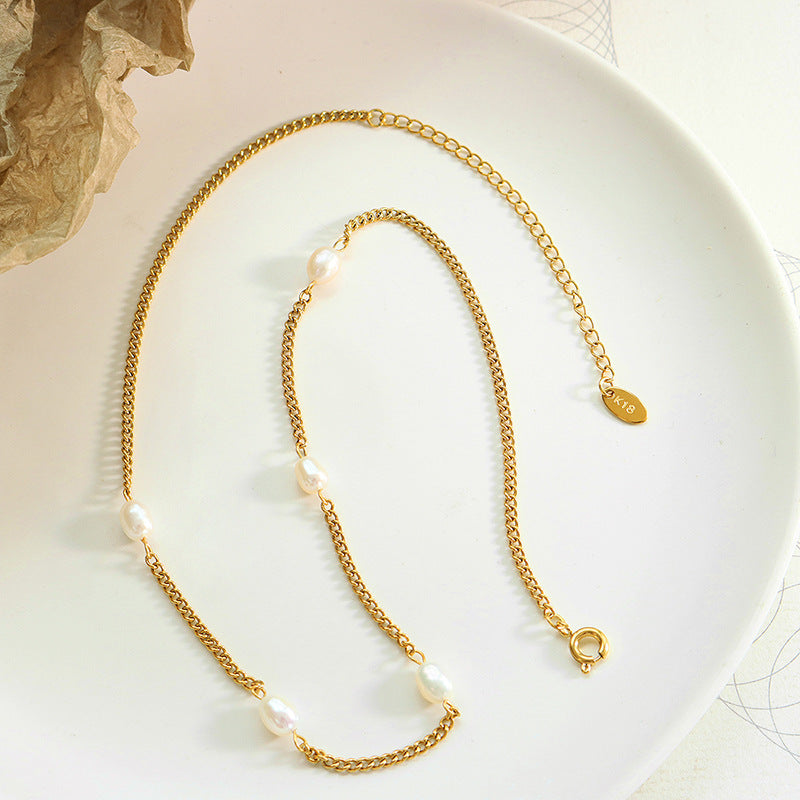 Flat Chain Personality Freshwater Pearl Stitching Titanium Necklaces