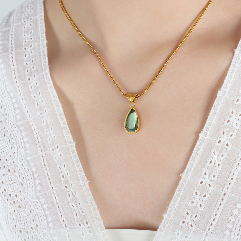 Women's Retro Olive Green Blue Water Drop Pendant Design Necklaces