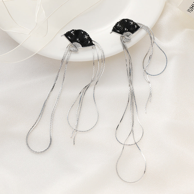 Chinese Style Antique Fan Long Fringe Earrings