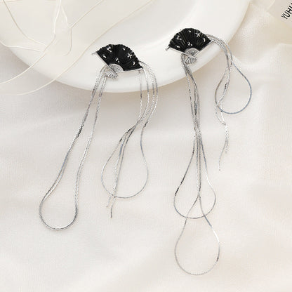 Chinese Style Antique Fan Long Fringe Earrings