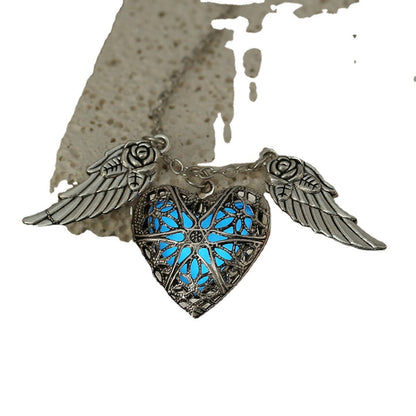 Heart-shaped Luminous Lock With Rose Wings Necklaces