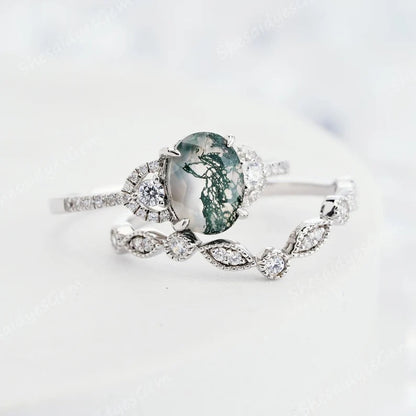 Green Plant Pattern Set Light Luxury Rings