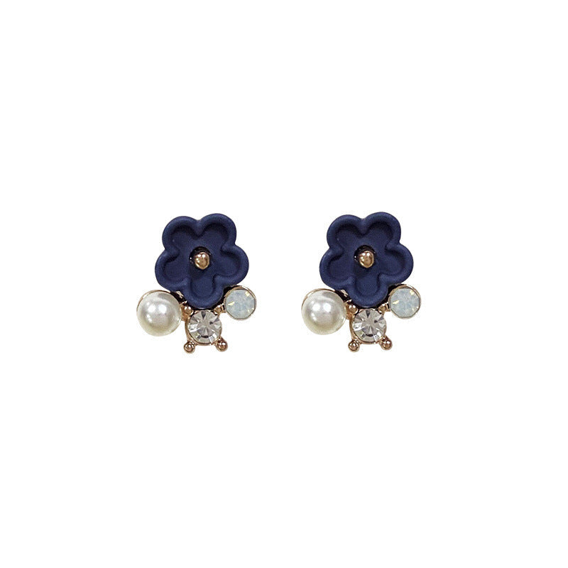 Needle Matte Sapphire Blue Small Flower Rhinestone Pearl Earrings