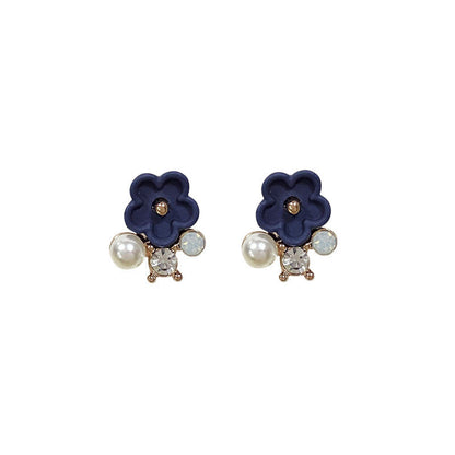 Needle Matte Sapphire Blue Small Flower Rhinestone Pearl Earrings