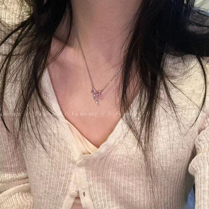 Inlaid Zircon Tassel Female Niche Personality Pink Necklaces