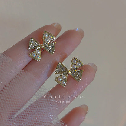 Women's Sier Bow Pearl Simple Rhinestone Fashion Earrings