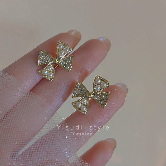 Women's Sier Bow Pearl Simple Rhinestone Fashion Earrings