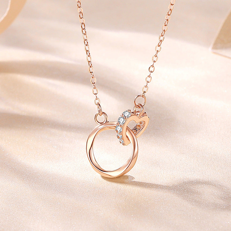Women's Rose Gold Round Buckle Double Diamond Inlaid Short Clavicle Necklaces