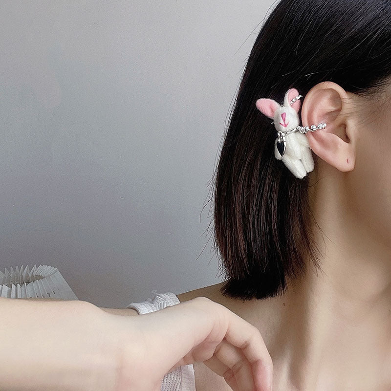 Plush Pink Rabbit Ear Clip Niche Earrings