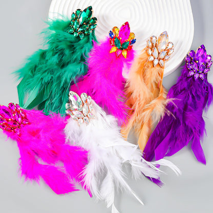 Diamond Flower Long Feather Tassel Female Earrings