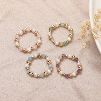 Freshwater Pearl Stretch Strawberry Quartz Pink Crystal Rings