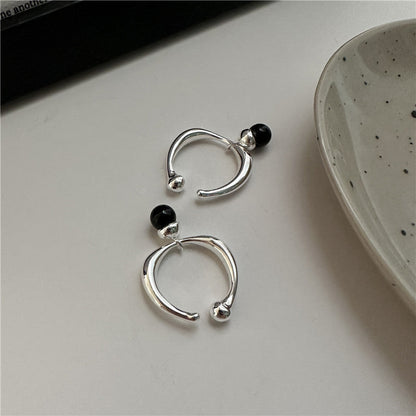 Sier Black Agate French Retro Ball Rings