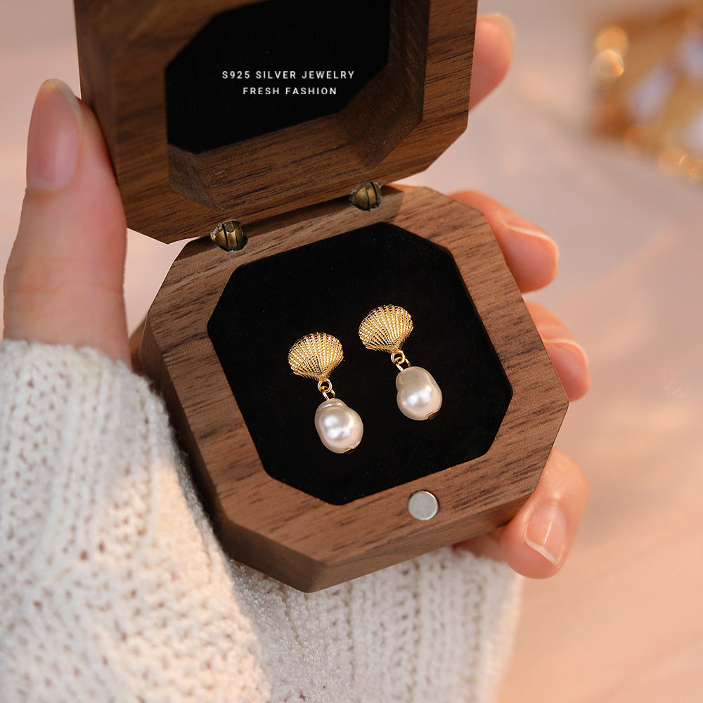 Women's Sterling Sier Imitation Beads Shell Korean Earrings