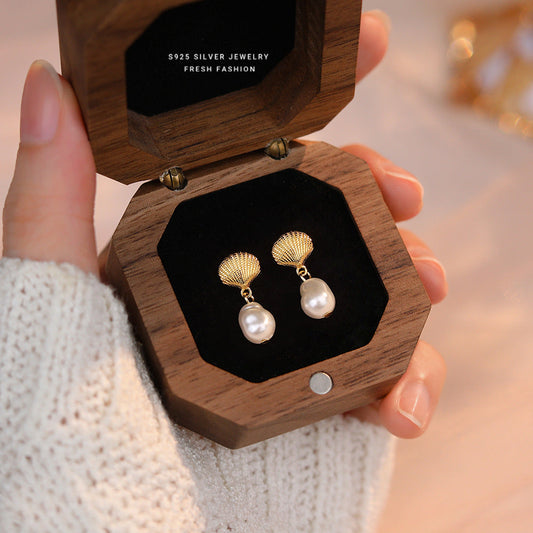 Women's Sterling Sier Imitation Beads Shell Korean Earrings