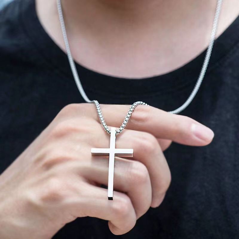 Men's Steel Glossy Cross Hip Hop Versatile Long Sweater Chain Necklaces