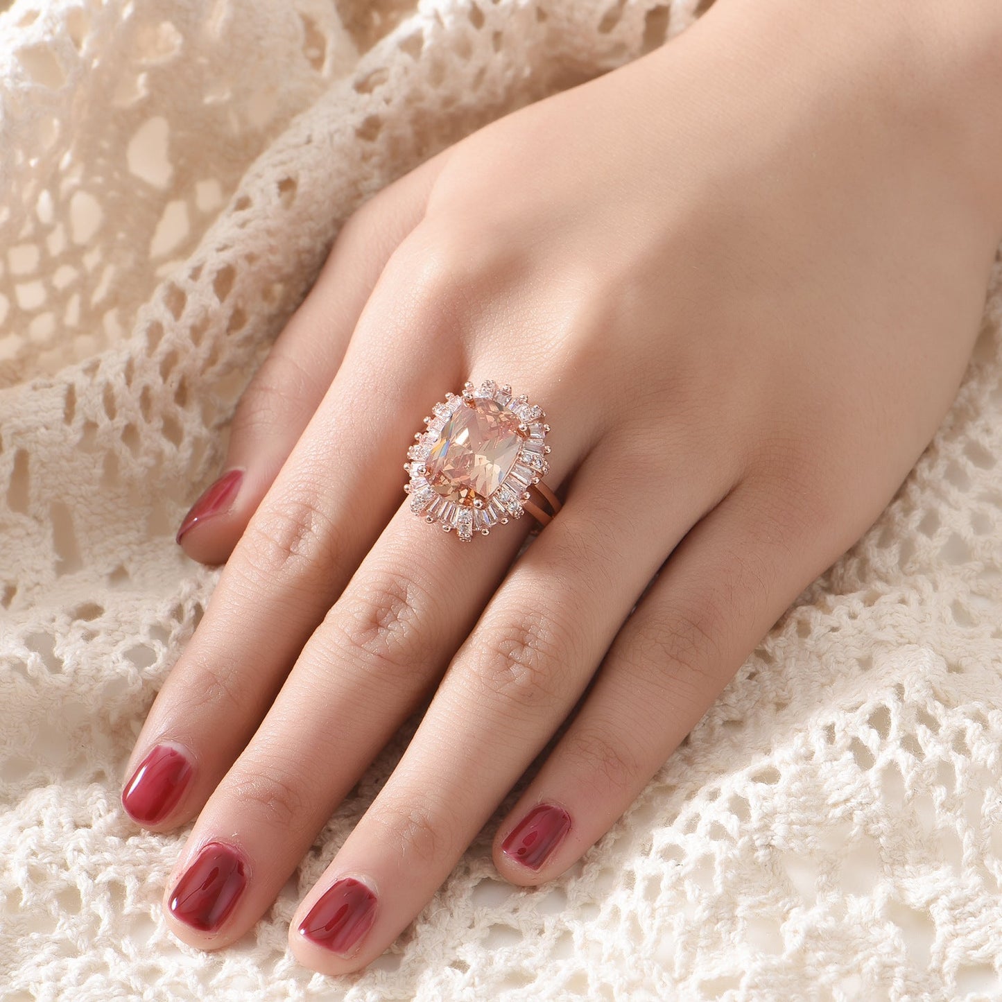 Rectangular Champagne Zircon Closed Open Female Rose Rings