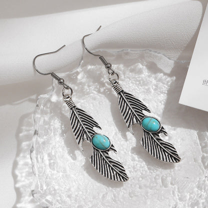 Style Feather Inlaid Turquoise Seaside Holiday Long Earrings