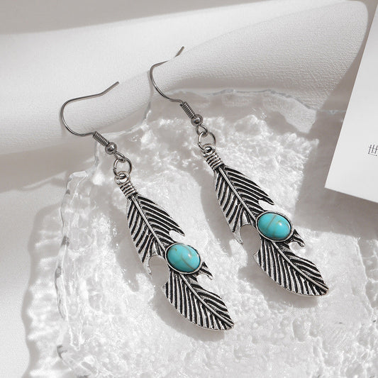 Style Feather Inlaid Turquoise Seaside Holiday Long Earrings