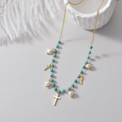 Style Retro Titanium Steel Gold Cross Freshwater Pearl Necklaces