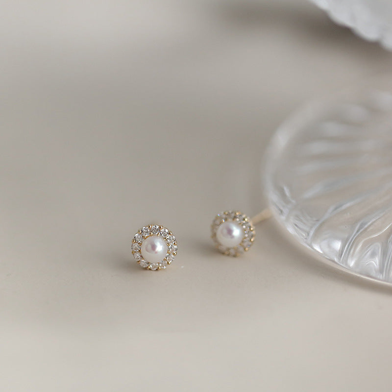 Sier Plated Pearl Shell Zircon Temperament High Sense Earrings