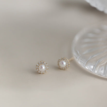 Sier Plated Pearl Shell Zircon Temperament High Sense Earrings