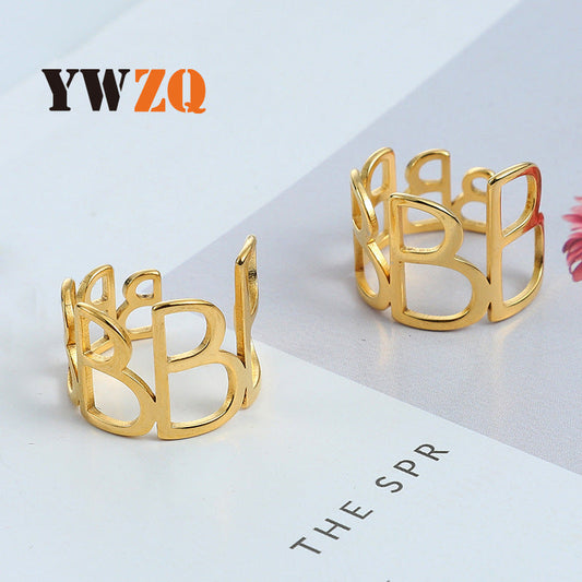 Personalized Golden Geometric Open Letter Adjustable Rings