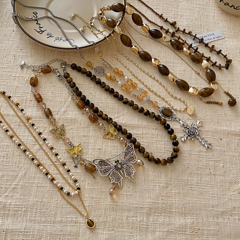 Women's Series Tigereye Butterfly Chinese Retro Beaded Sweater Necklaces