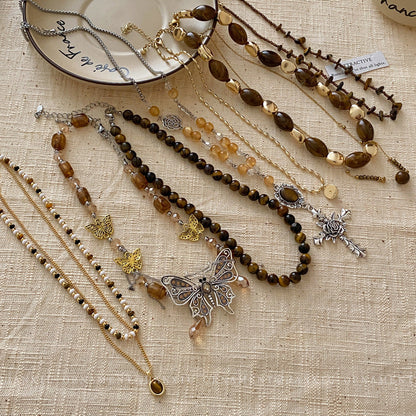 Women's Series Tigereye Butterfly Chinese Retro Beaded Sweater Necklaces
