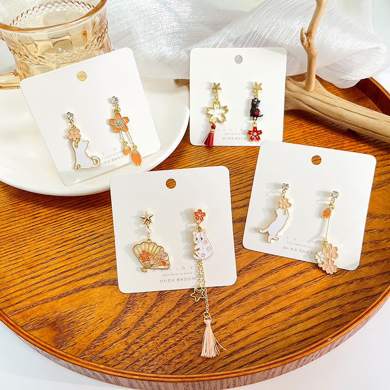 Women's Cartoon Long Asymmetric Flower Cat Fox Earrings