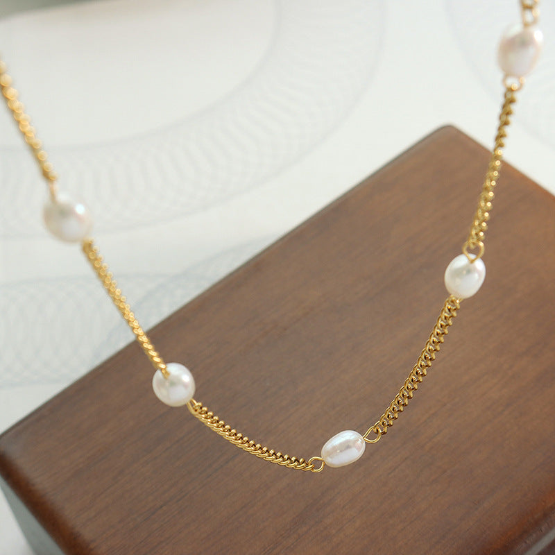 Flat Chain Personality Freshwater Pearl Stitching Titanium Necklaces