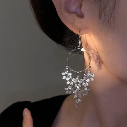 Women's Sier Super Fairy Flowers Tassel Circular Earrings