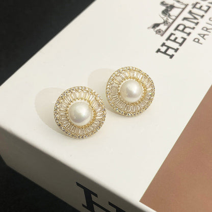 Women's Needle Personality Fashion Micro Inlaid Zircon Irregular Round Pearl Earrings