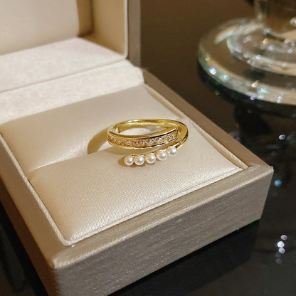 Pearl Zircon With Diamond Open Adjustable Rings