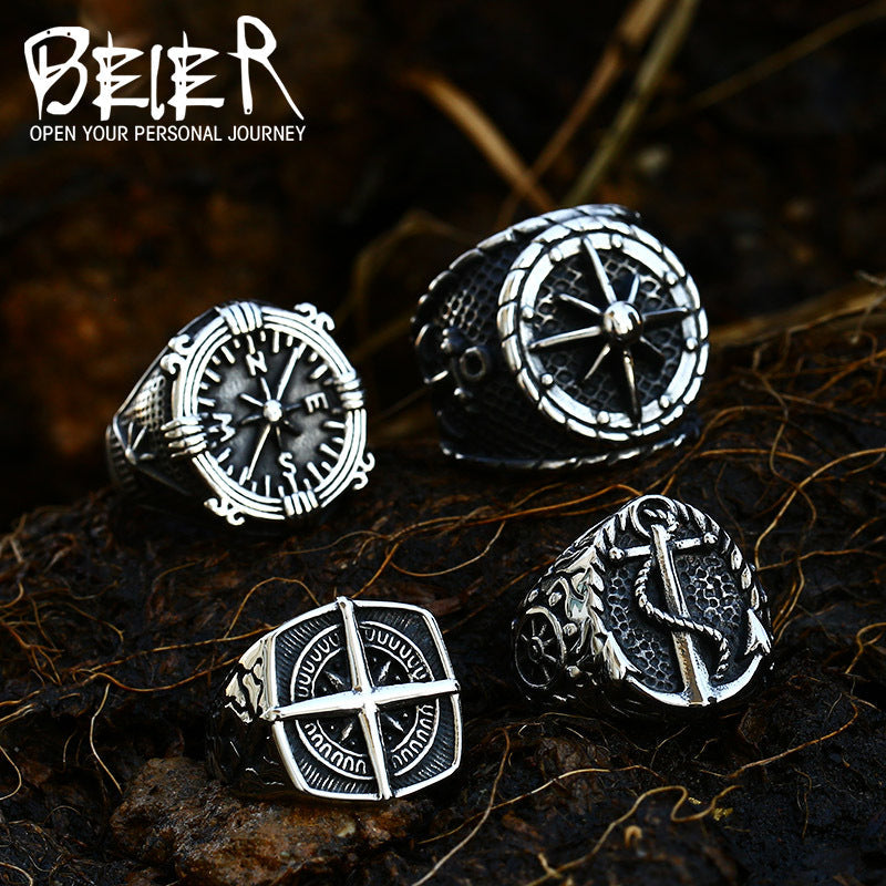 Men's Compass Titanium Steel Stainless Cast Boat Rings