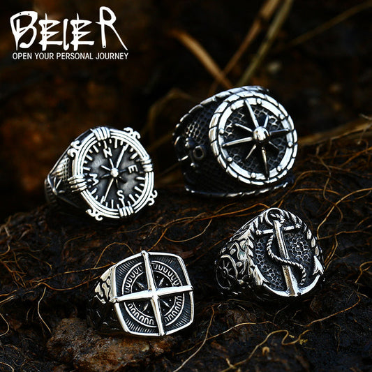Men's Compass Titanium Steel Stainless Cast Boat Rings