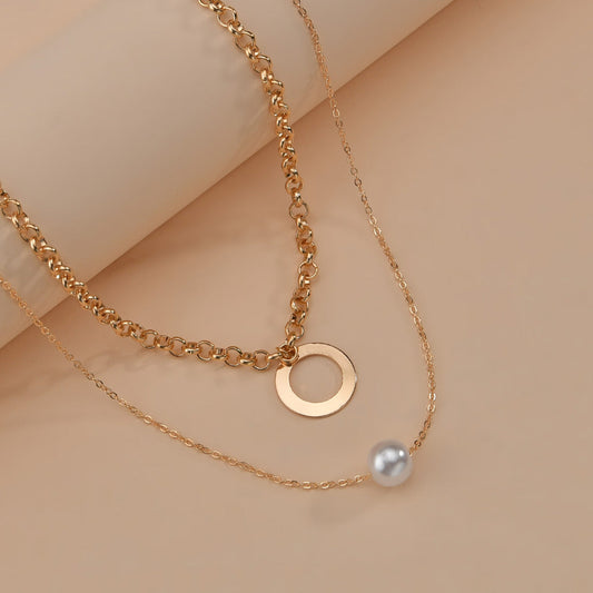 Women's Personality Geometry Hoop And Pearl Pendant Stacked Necklaces