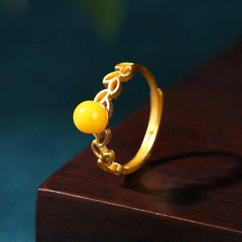 Wheat Branch Buds Inlaid Imitation Beeswax Amber Rings