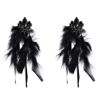 Diamond Flower Long Feather Tassel Female Earrings