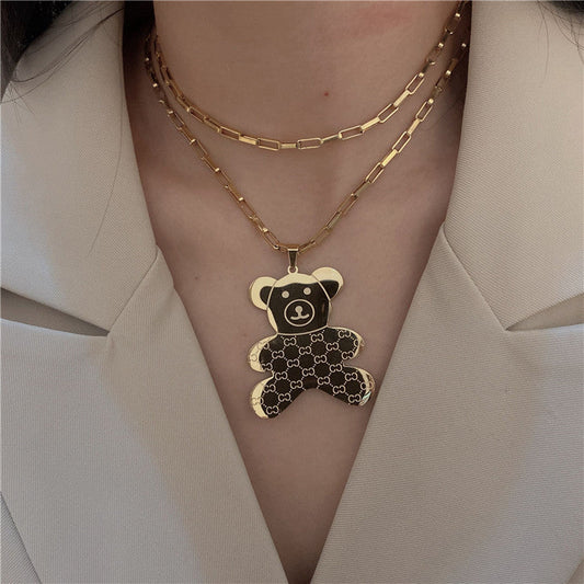Steel Colorfast Bear Long Sweater Chain Necklaces