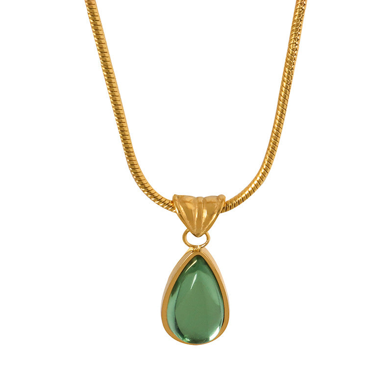 Women's Retro Olive Green Blue Water Drop Pendant Design Necklaces